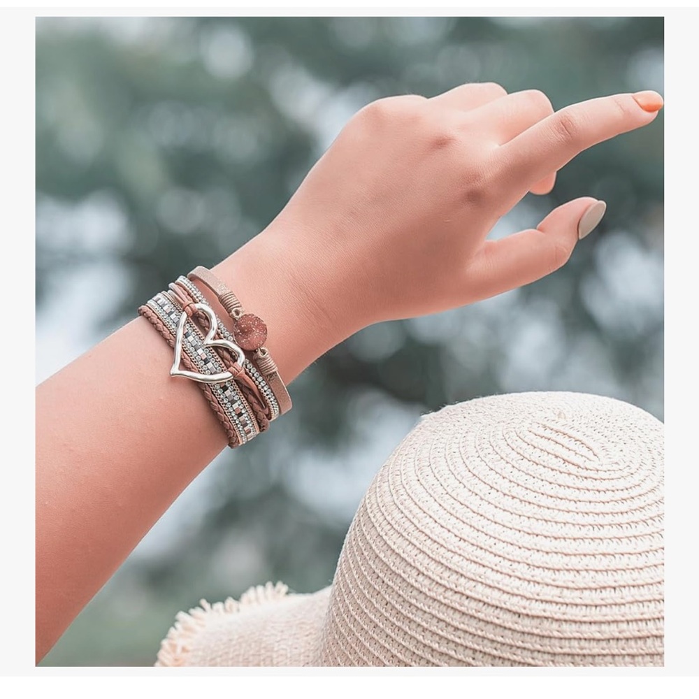 Heart Leather Wrap Bracelets Stackable Boho Cuff … - image 3